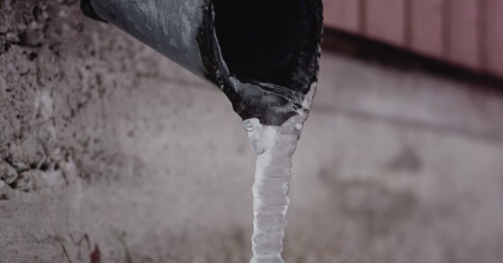 Frozen drain spout with icicle against a snowy backdrop. Captured in Estonia.